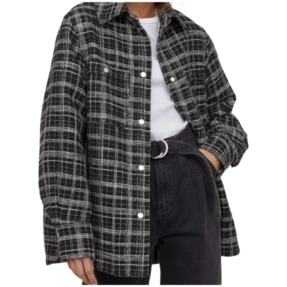 H&M Monochrome Tweed Quilted Shacket - Plaid Workwear XS